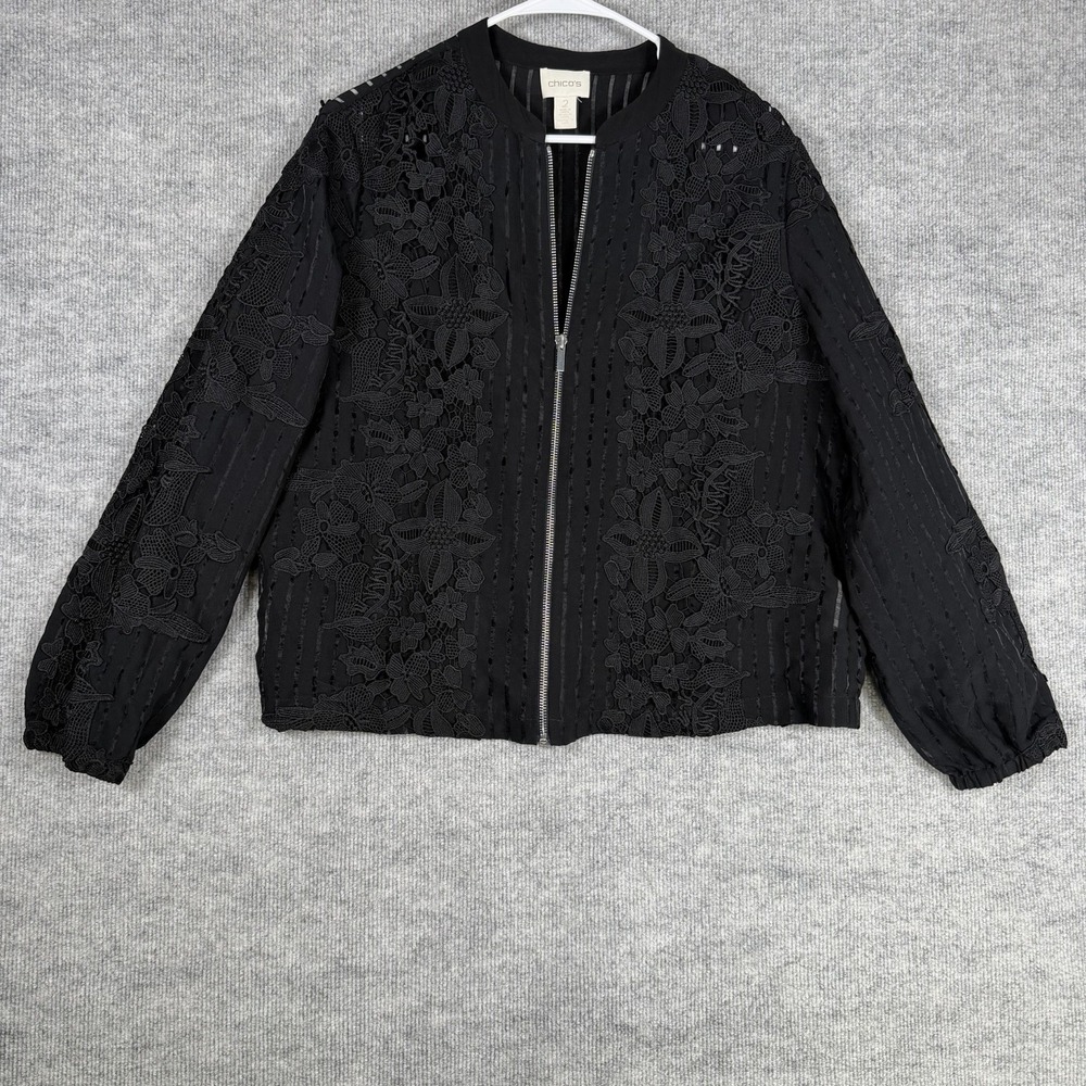 Chico's Size-2 (L ) Womens‎ Black Lace Bomber Jacket Full Zip